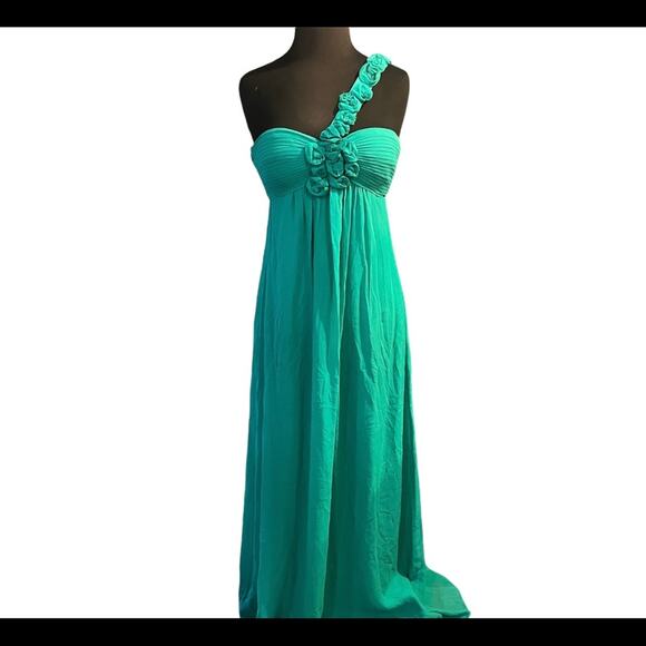 Y2K BCBG Max Azria Green Silk 3D Rosette Asymmetric Fairy Goddess Maxi Dress 2 - Picture 2 of 7